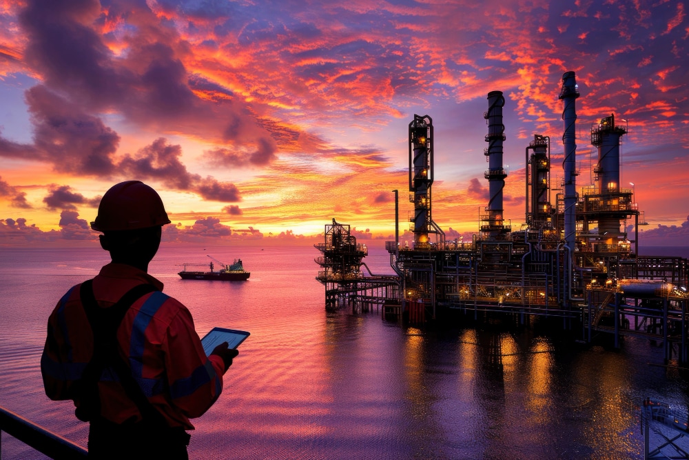 Trabalhador offshore observando plataforma petrolífera da Petrobras durante pôr do sol no oceano, representando o trabalho embarcado no setor de petróleo e gás