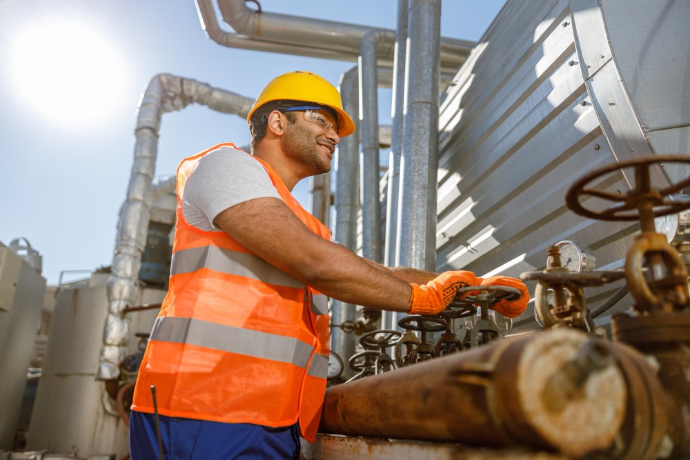 Técnico industrial com EPIs completos operando válvulas e equipamentos em terminal de transporte de petróleo da Transpetro