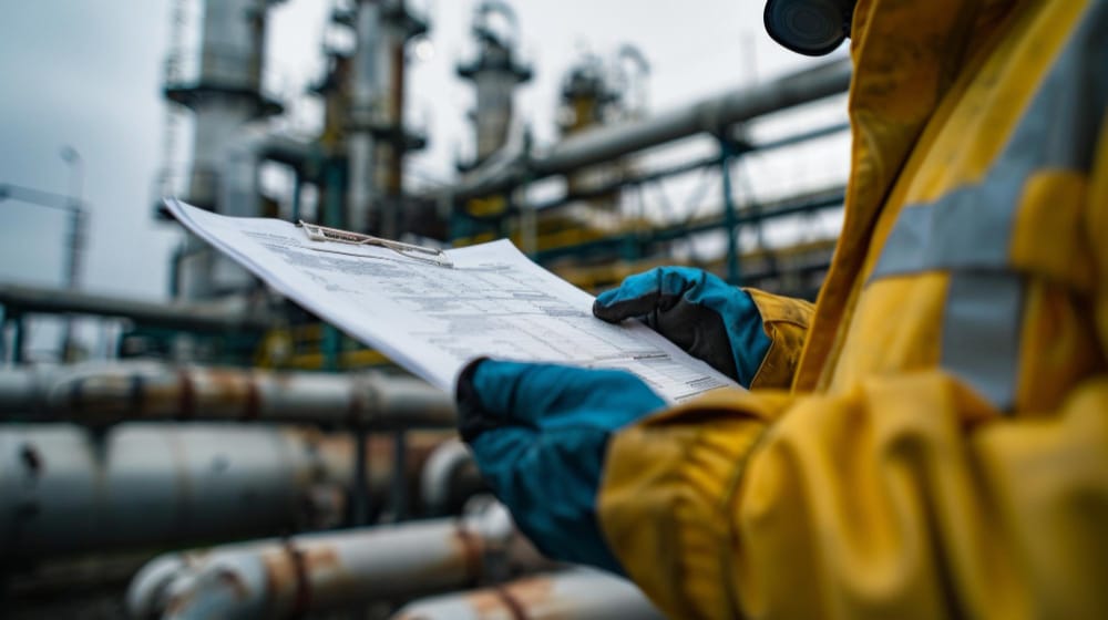 Profissional industrial analisando documentos técnicos em complexo petroquímico, representando a importância de interpretar corretamente editais e documentação técnica da Petrobras