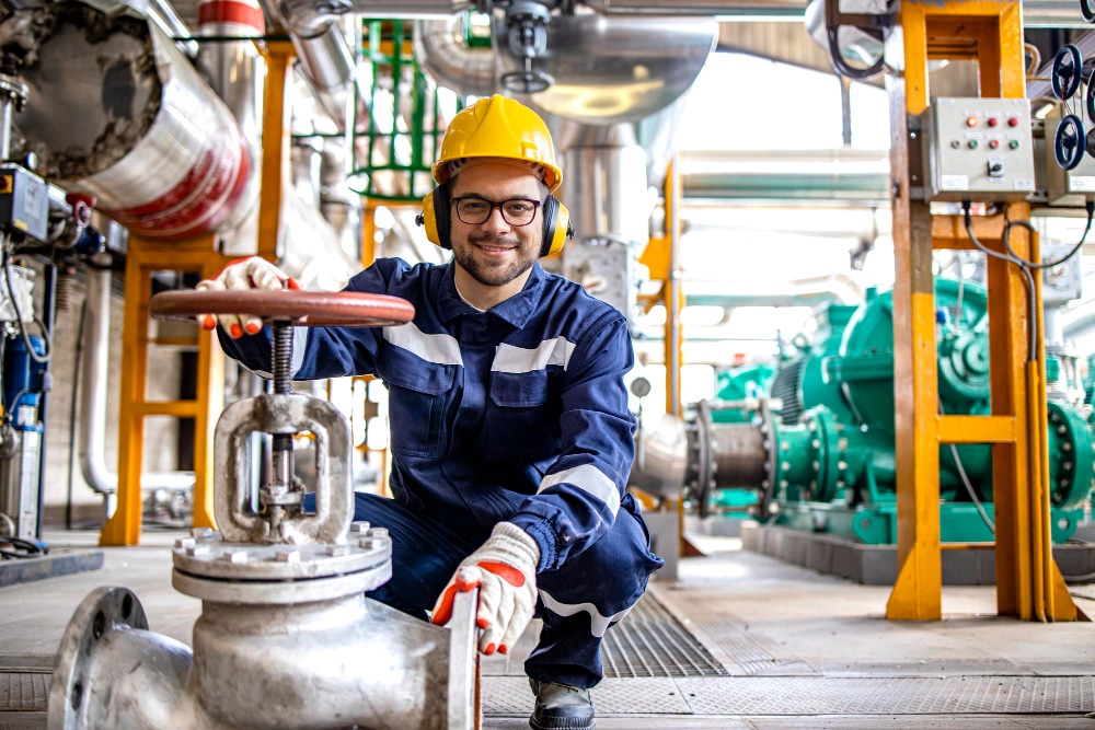 Técnico industrial com EPIs completos operando válvulas em planta de processamento da Petrobras