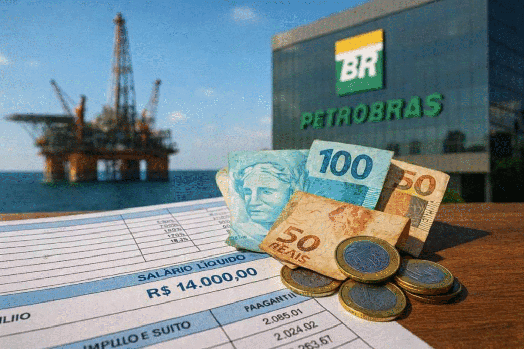 Salário real da Petrobras 2026 com notas de real, moedas e contracheque mostrando valores líquidos e plataforma de petróleo ao fundo