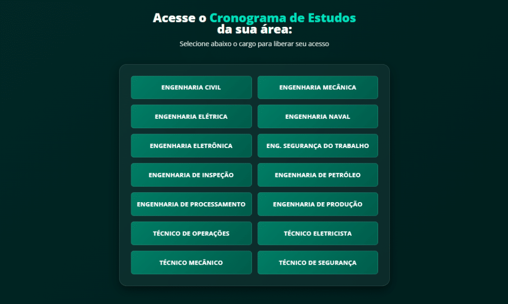 Cronograma de estudos Petrobras por área - interface com acesso a cronogramas para engenharias civil, mecânica, elétrica, naval, eletrônica, segurança do trabalho, inspeção, petróleo, processamento, produção e cargos técnicos
