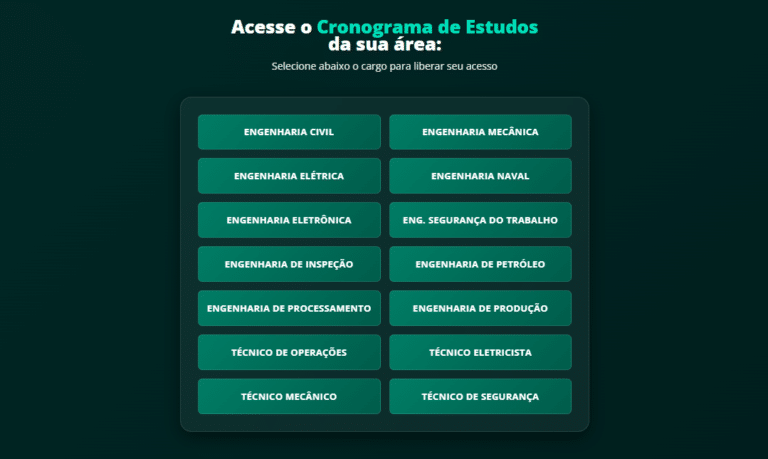 Cronograma de estudos Petrobras por área - interface com acesso a cronogramas para engenharias civil, mecânica, elétrica, naval, eletrônica, segurança do trabalho, inspeção, petróleo, processamento, produção e cargos técnicos