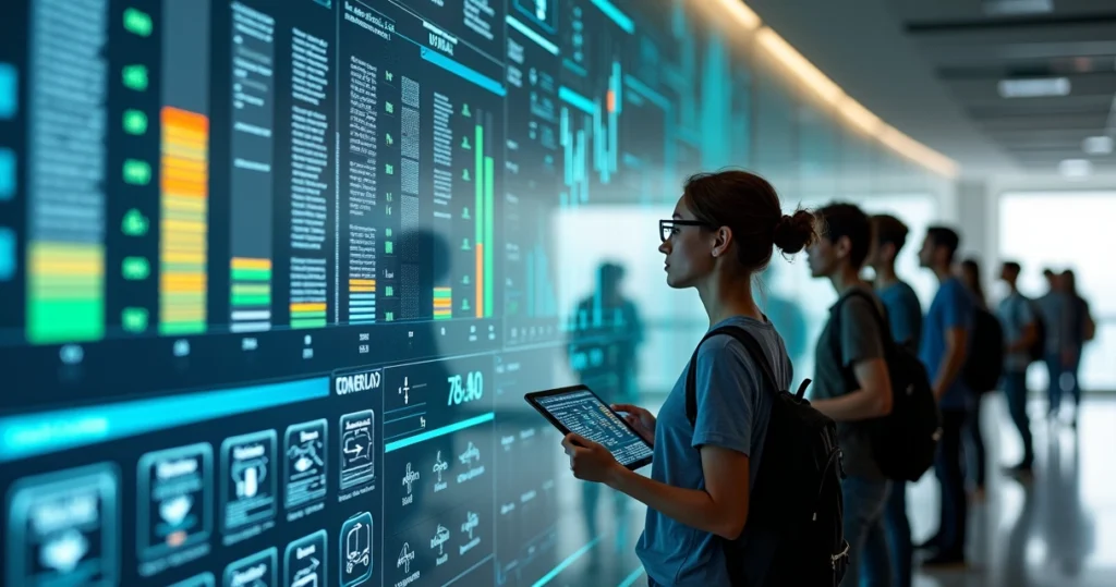 Candidatos observando painel digital com ranking de classificação de concurso Petrobras