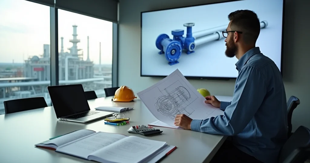 Engenheiro mecânico analisa modelo 3D de tubulações e equipamento industrial