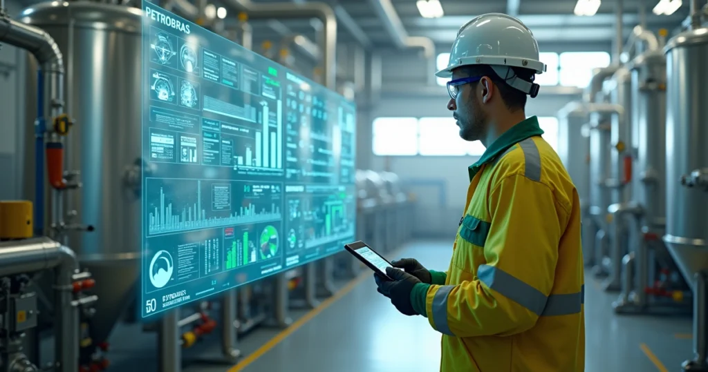 Engenheiro de produção da Petrobras analisando painel digital em área industrial