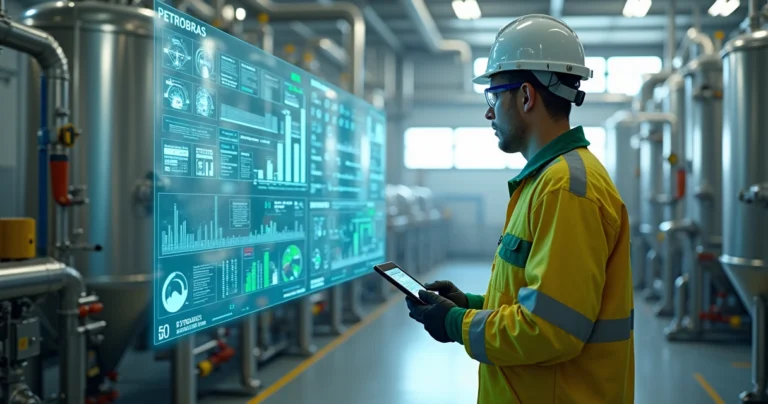 Engenheiro de produção da Petrobras analisando painel digital em área industrial