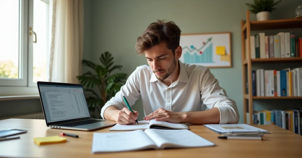 Jovem estudando para concurso em sala com elementos de finanças ao fundo