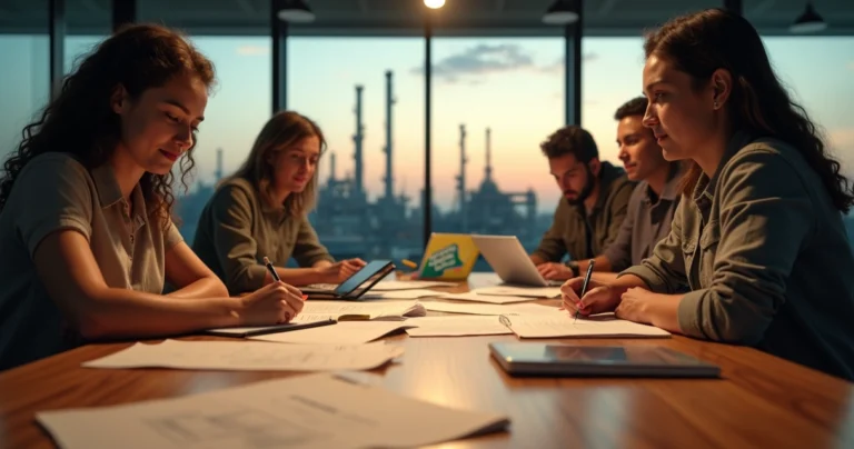 Grupo diverso de candidatos estudando para concurso Petrobras com material técnico e anotações