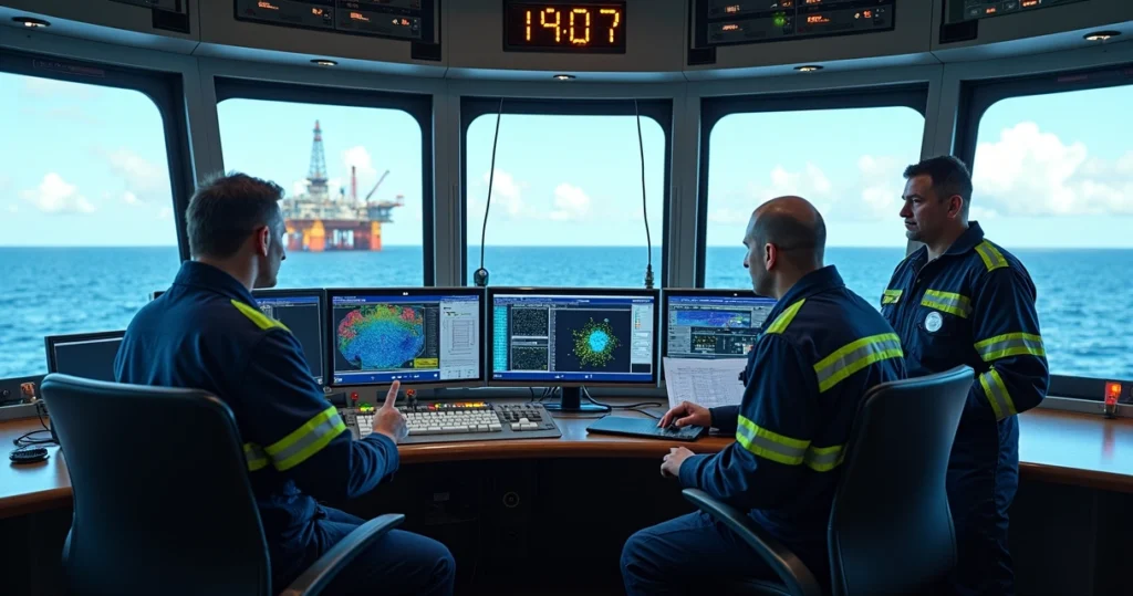 Equipe em sala de controle monitorando operações em plataforma offshore