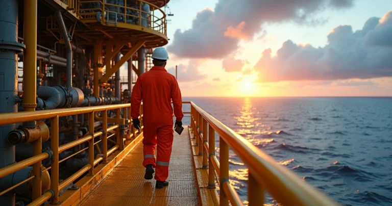 Trabalhador offshore caminhando na passarela de uma plataforma de petróleo no mar ao amanhecer