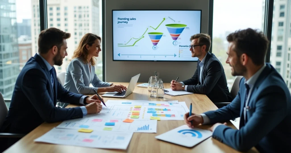 Equipe de negócios analisando jornada do cliente em mesa de reunião moderna