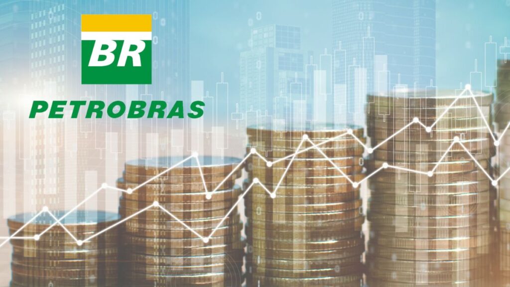 Salário Petrobras: logo BR da Petrobras sobre pilhas crescentes de moedas e gráfico de alta