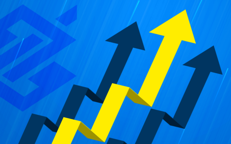 Nota de corte Banco do Brasil em alta com gráfico de setas amarelas e azuis crescendo