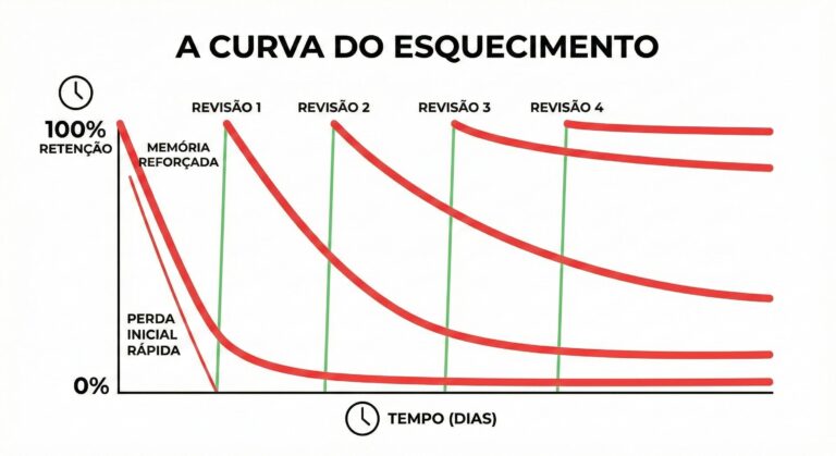 Gráfico da curva do esquecimento de Ebbinghaus com revisões espaçadas