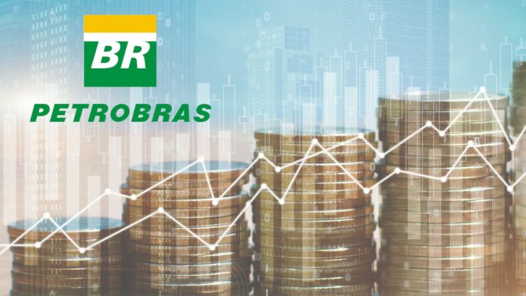 Logo da Petrobras com pilhas de moedas e gráfico de crescimento ao fundo