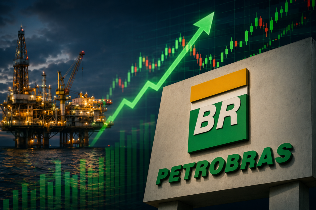 Plataforma de petróleo da Petrobras com gráfico de crescimento e logo BR