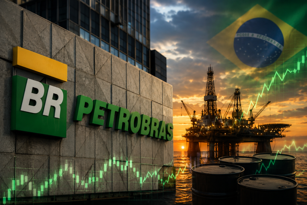 Letreiro Petrobras com plataforma de petróleo, barris e bandeira do Brasil ao pôr do sol
