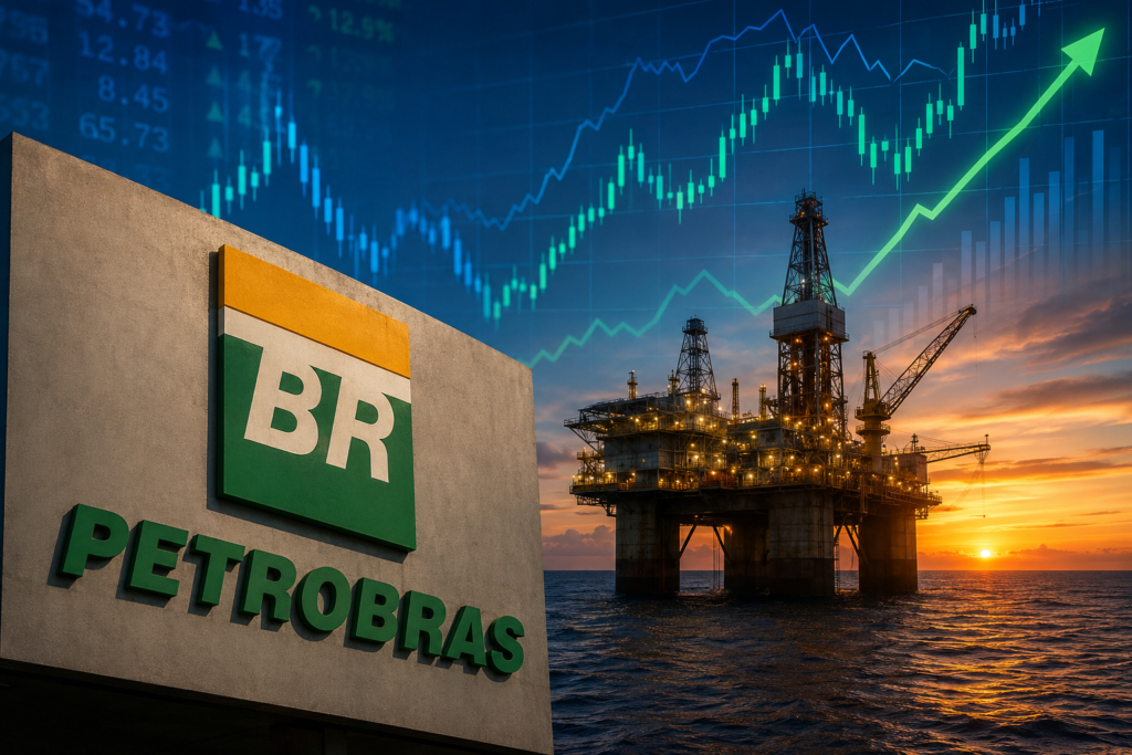 Letreiro Petrobras com plataforma de petróleo e gráfico de crescimento ao pôr do sol