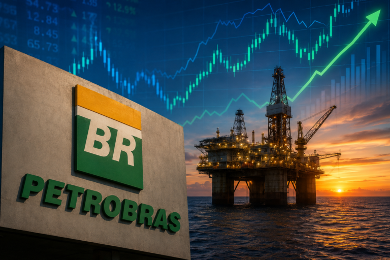 Letreiro Petrobras com plataforma de petróleo e gráfico de crescimento ao pôr do sol