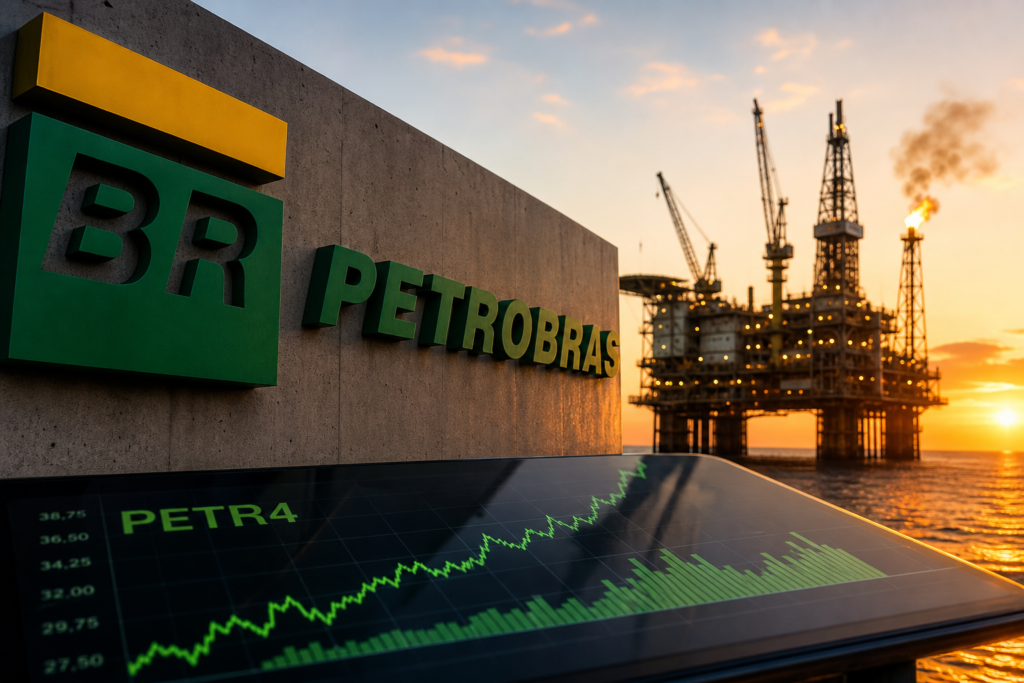 Logo Petrobras com plataforma de petróleo e gráfico de ações PETR4 ao pôr do sol