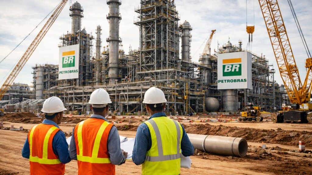 Engenheiros analisando projeto em canteiro de obras de refinaria da Petrobras