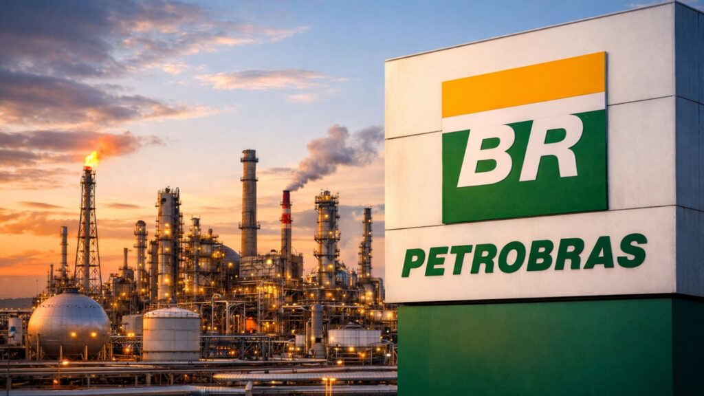 Refinaria da Petrobras ao pôr do sol com letreiro corporativo e logo BR