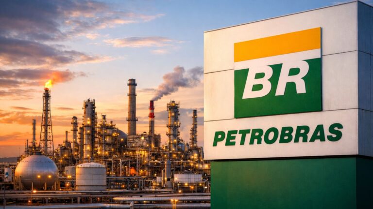 Refinaria da Petrobras ao pôr do sol com letreiro corporativo e logo BR