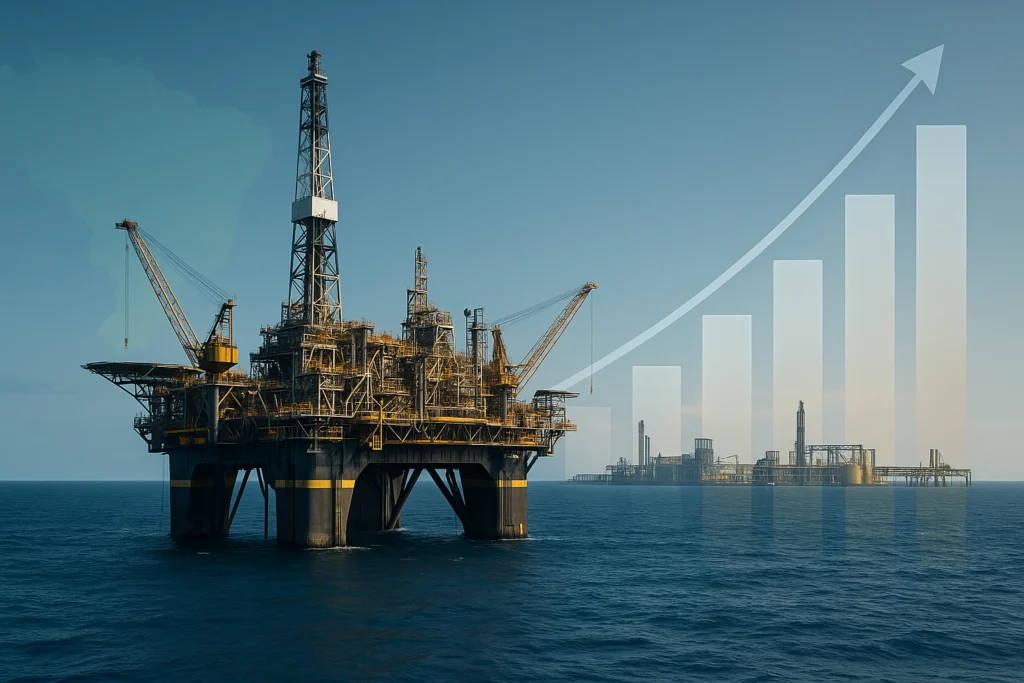 Plataforma offshore de petróleo com gráfico de crescimento de barras ao fundo